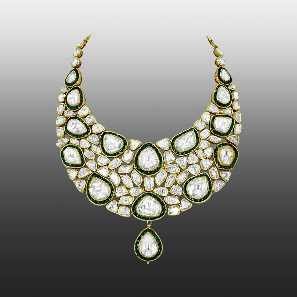 Polki Necklace with Green Chuddi Work and Teardrop Pendant